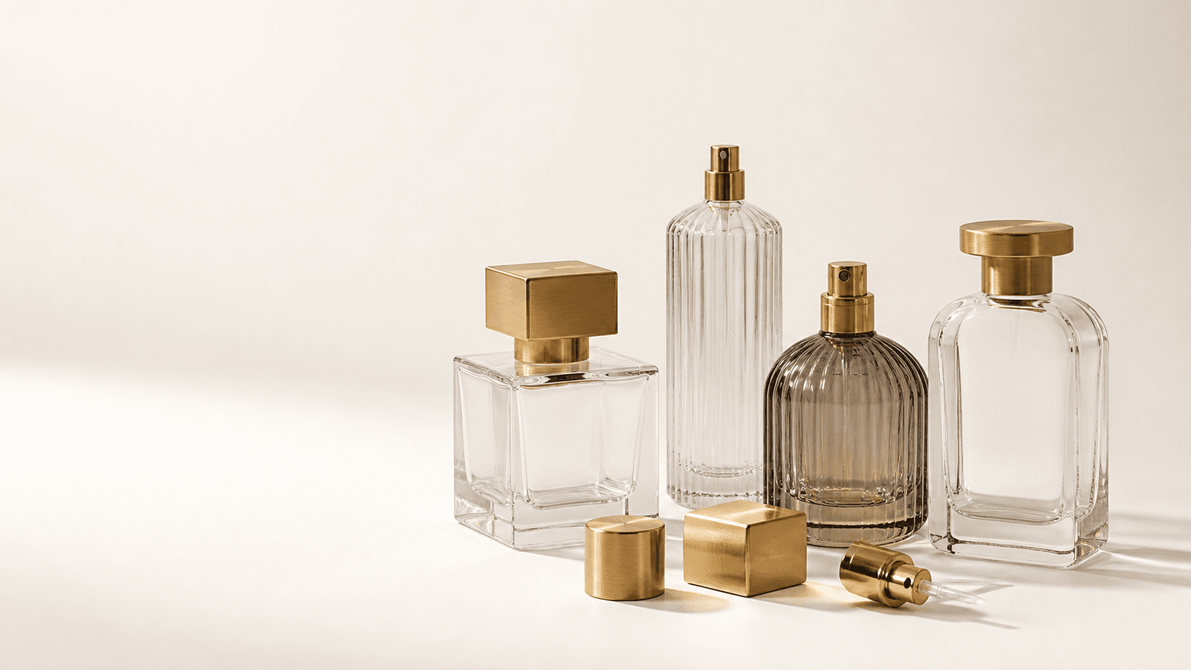 A collection of clear fragrance bottles with brass closures